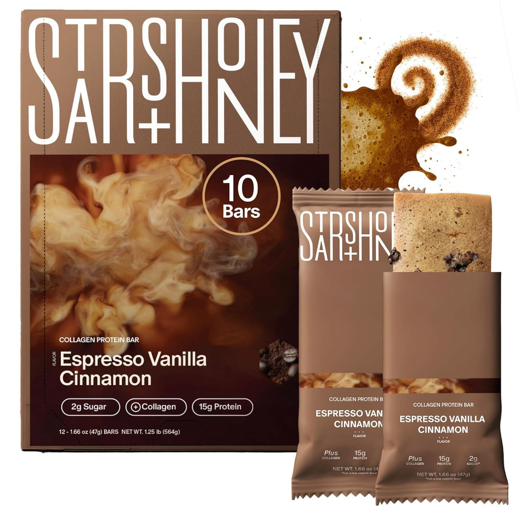 Stars + Honey Protein Bars - Espresso Vanilla Cinnamon,15g Protein, 2g Sugar, w/Collagen Keto Friendly Snack - Gluten, Dairy, Seed Oil, & Soy Free - High-Protein Snacks for Energy & Recovery -10 pack