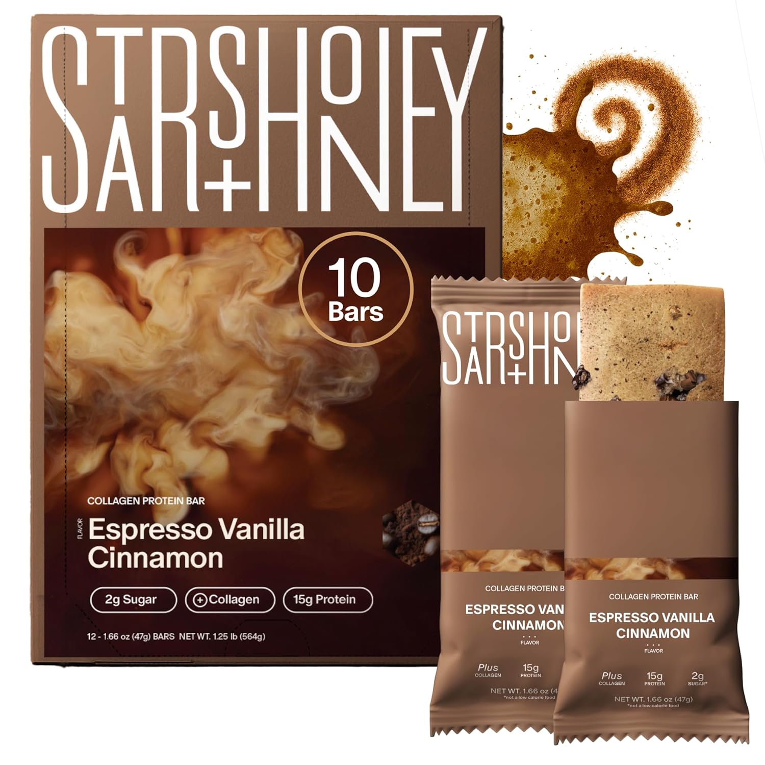 Stars + Honey Protein Bars - Espresso Vanilla Cinnamon,15g Protein, 2g Sugar, w/Collagen Keto Friendly Snack - Gluten, Dairy, Seed Oil, & Soy Free - High-Protein Snacks for Energy & Recovery -10 pack