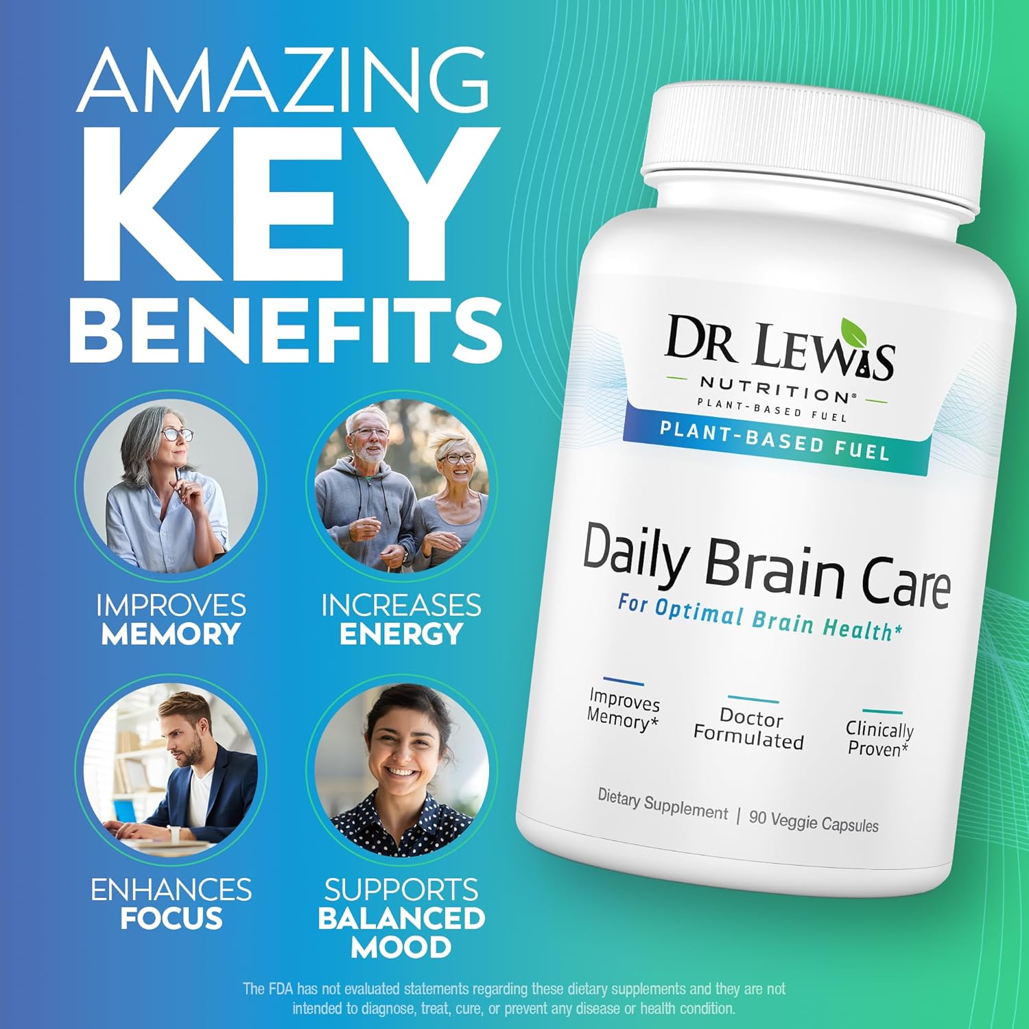 Brain Supplements for Memory and Focus – Dr Lewis Daily Brain Care Capsules with Aloe Vera – Plant-Based Nootropic and Energy Supplement for Brain Fog, Mental Clarity, and Immune Support – 90 Capsules