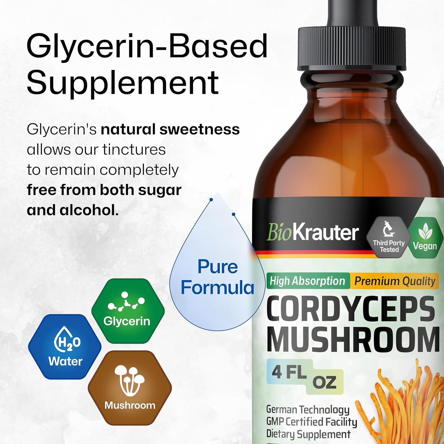 BIO KRAUTER Cordyceps Mushroom Extract - Cordyceps Sinensis Liquid Mushroom Extract - 670 mg per Serving - Vegan, Alcohol & Sugar Free - 4 Fl.Oz.