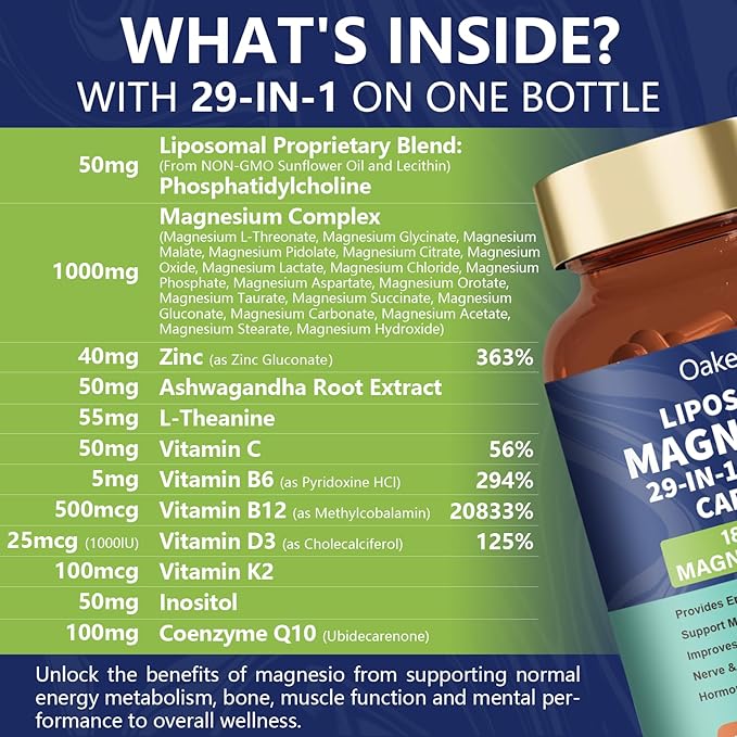 2 Pack 29-in-1 Liposomal 18 Active Types Magnesium Complex 1400MG Capsule,Mild & Efficient, L-Threonate Glycinate Malate etc, Extra Vitamin B6 B12 D3K2 & CoQ10, Relaxation Nerve & Heart
