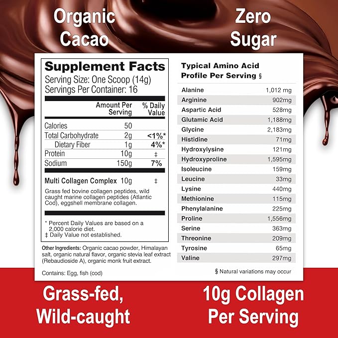 Mama Natural Hot Chocolate Multi Collagen Protein Powder, Made with Organic Cacao, Types 1, 2, 3, 4, 5, 10 Collagen Peptides Powder - Grass Fed Beef, Wild Fish Marine & USA Eggshell - 20 Servings