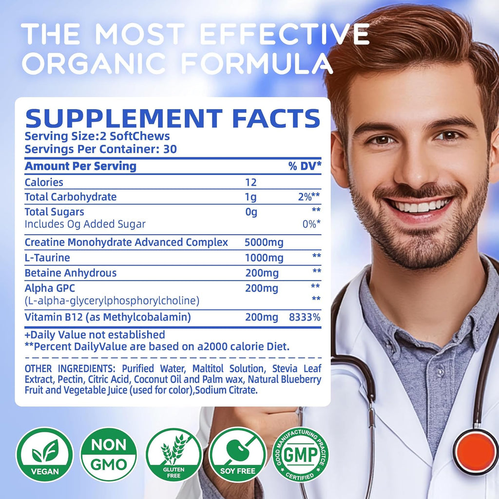 Creatine Monohydrate Chews Complex 6400mg for Men & Women -Advanced Formula W/L-Taurine + Vitamin B12, Sugar Free Chewable Supplement,60 Blueberry Softchews