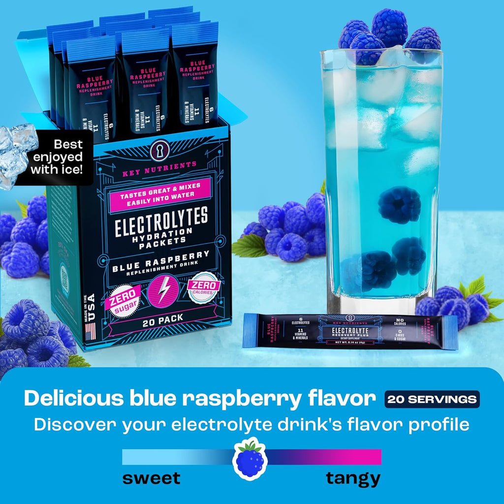KEY NUTRIENTS Electrolytes Powder Packets 20 Pack - No Sugar, Delicious Blue Raspberry, Hydration Packets with Electrolyte Powder for Refreshing Electrolyte Drink Mix Packets - Zero Calories