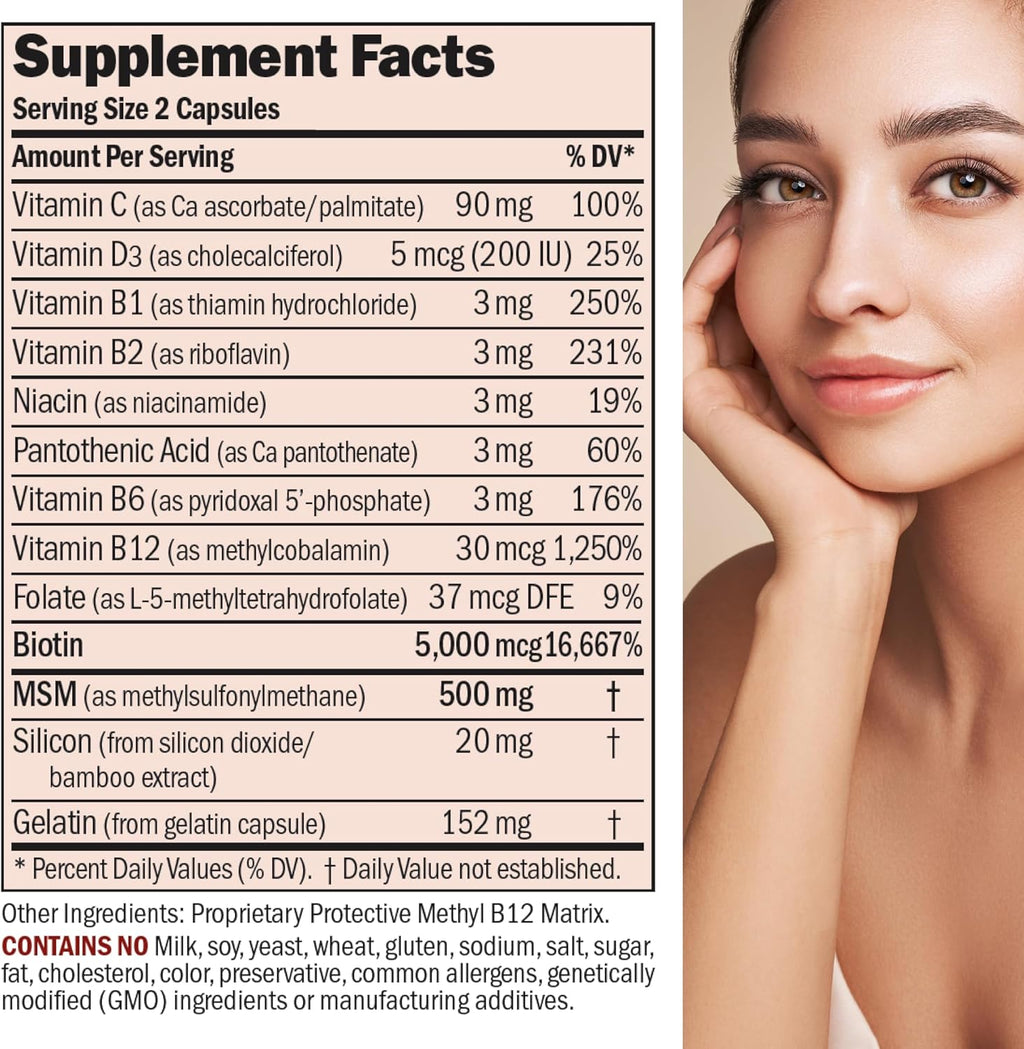 ANDREW LESSMAN Healthy Hair, Skin and Nails 240 Capsules - 5000 mcg High Bioactivity Biotin, B-Complex. Promotes Beautiful Skin, Strong Nails. No Additives Hair Growth Vitamins Biotin Supplement