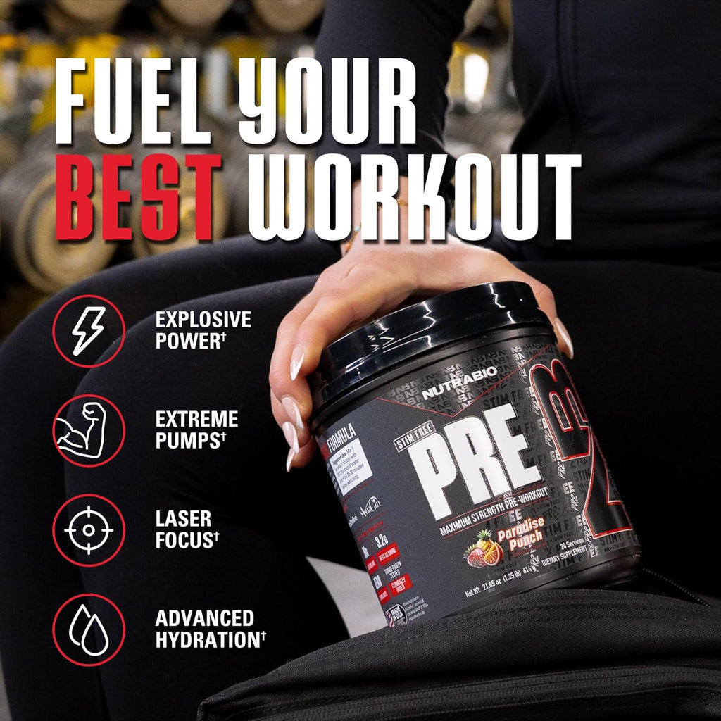 NutraBio STIM-Free PRE Workout for Men, New Formula | Laser Focus, Extreme Pumps | Performance, Endurance | 10g Citrulline, Beta Alanine, Nitrates, Nootropics, Electrolytes-20 Servings Paradise Punch