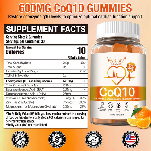 2 Packs 600MG CoQ10 Gummies - 3X Better Absorption Coenzyme Q10 (Ubiquinone) Gummies for Adults, Co Q10 Supplement Plus Omega-3, Magnesium, Vitamin B3 & Zinc,Energy, Brain＆ Heart Support,120 Counts