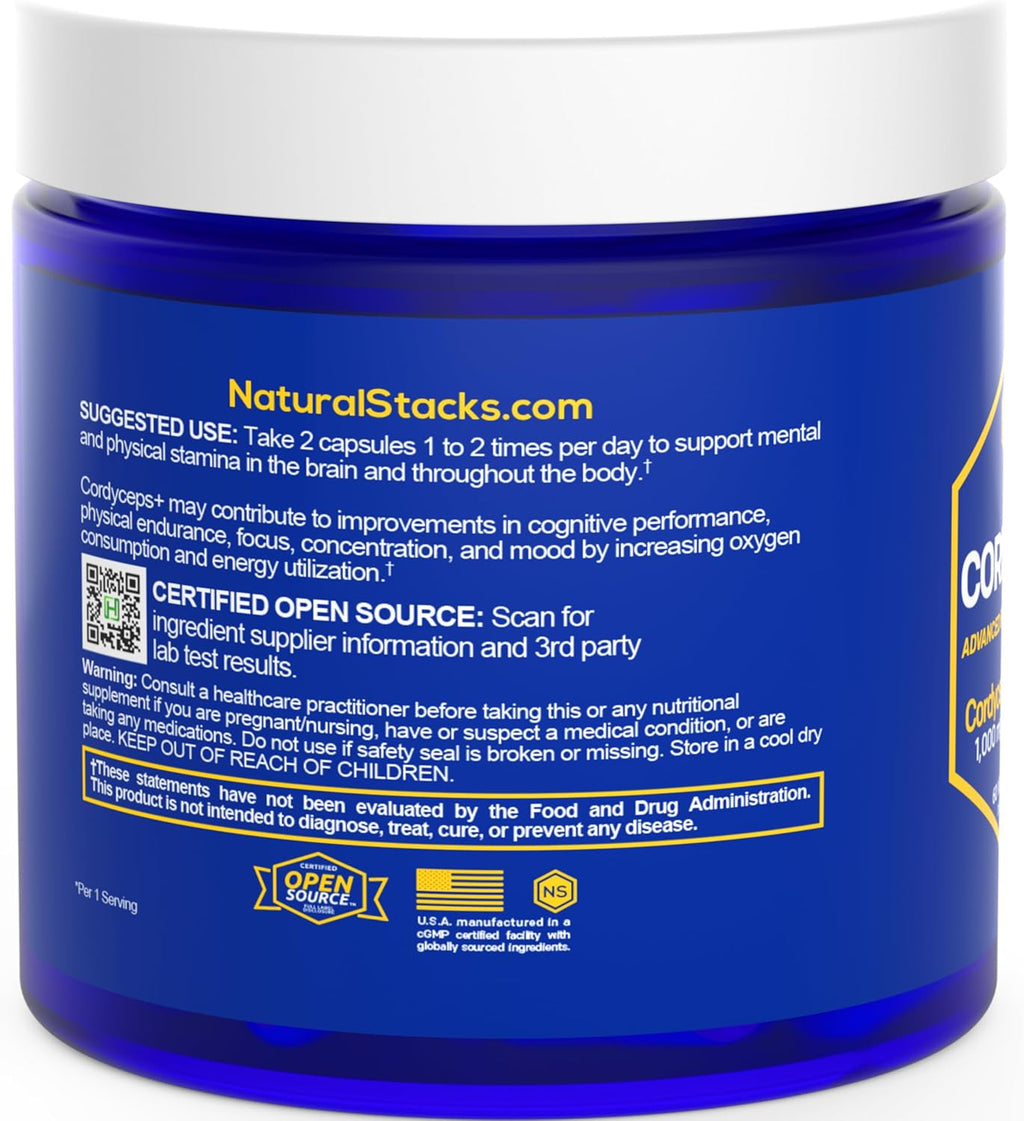 Cordyceps Mushroom Capsules - 1000mg Cordyceps Extract & 125mg Yerba Mate Extract - 100% Fruiting Body Mushroom Supplement - Supports Brain Energy & Cognitive Performance - 60 Yerba Mate Capsules