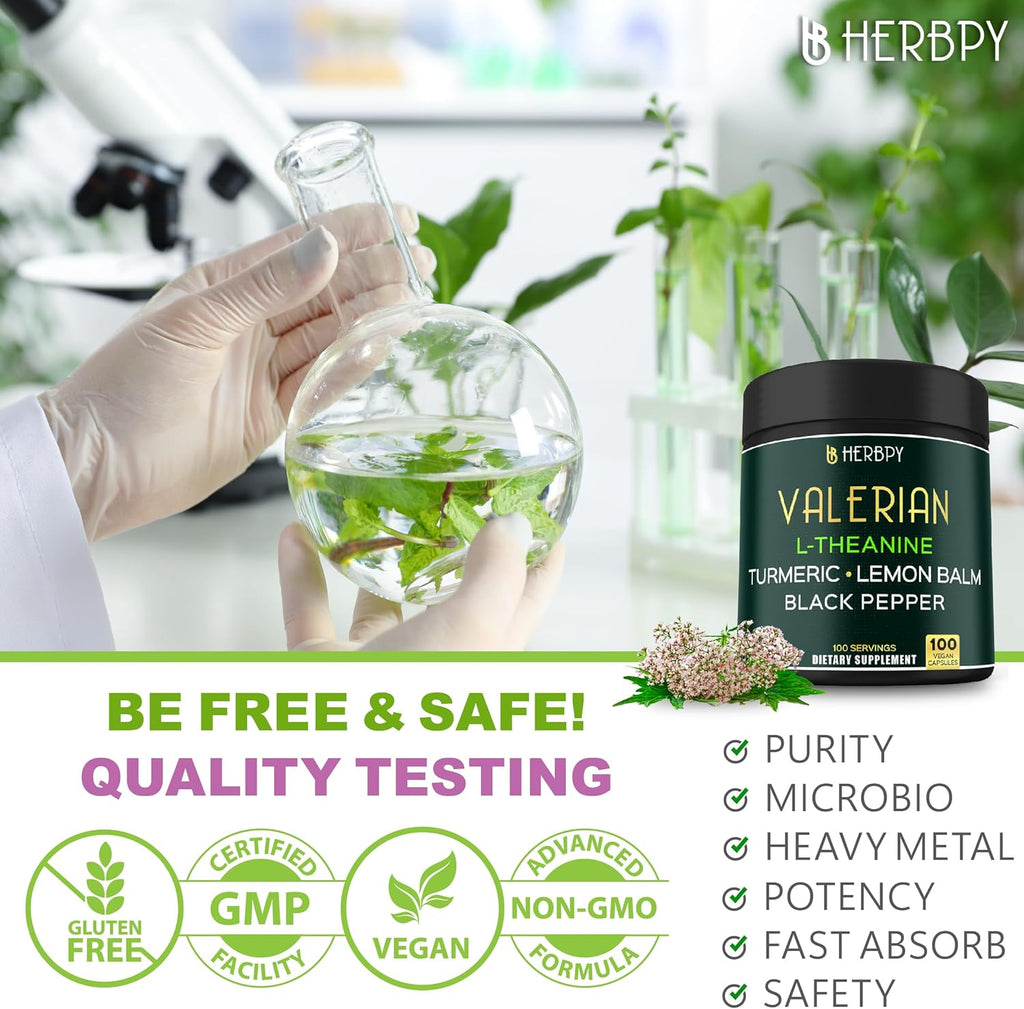 5in1 Valerian Root Capsules Plus L-Theanine, Lemon Balm, Turmeric and Black Pepper for Relaxation, Restful Night, Digestion & Immune Support - 100 Count