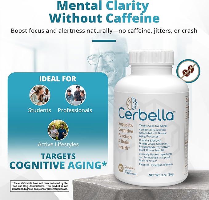 Cerbella® Advanced Brain Nootropic Wellness Supplement for Memory, Focus, & Cognitive Health – Neurologist Recommended - Omega-3 DHA/EPA, Green Tea Catechins, Phospholipids & ThymoQuin® (60 Capsules)