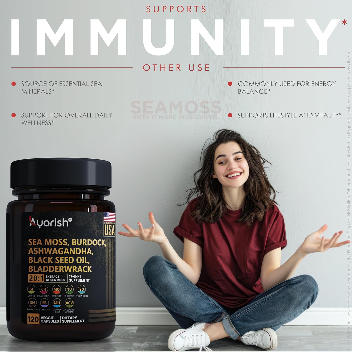 Sea Moss Capsule 30:1 High Strength 6000mg Equivalent Per Servings, Black Seed Oil Ashwagandha Ginger Capsules, Turmeric, Moringa, Bladderwrack, Burdock Root, Manuka Honey, Cinnamon 120 Count