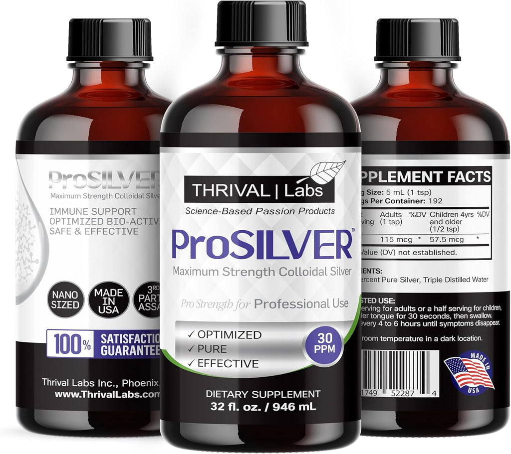 ProSILVER Black Label Pro-Strength Colloidal Silver for Immune Support, 30 PPM Maximum Strength for Professional Use, Dark Glass Bottle - Thrival Labs (32oz)