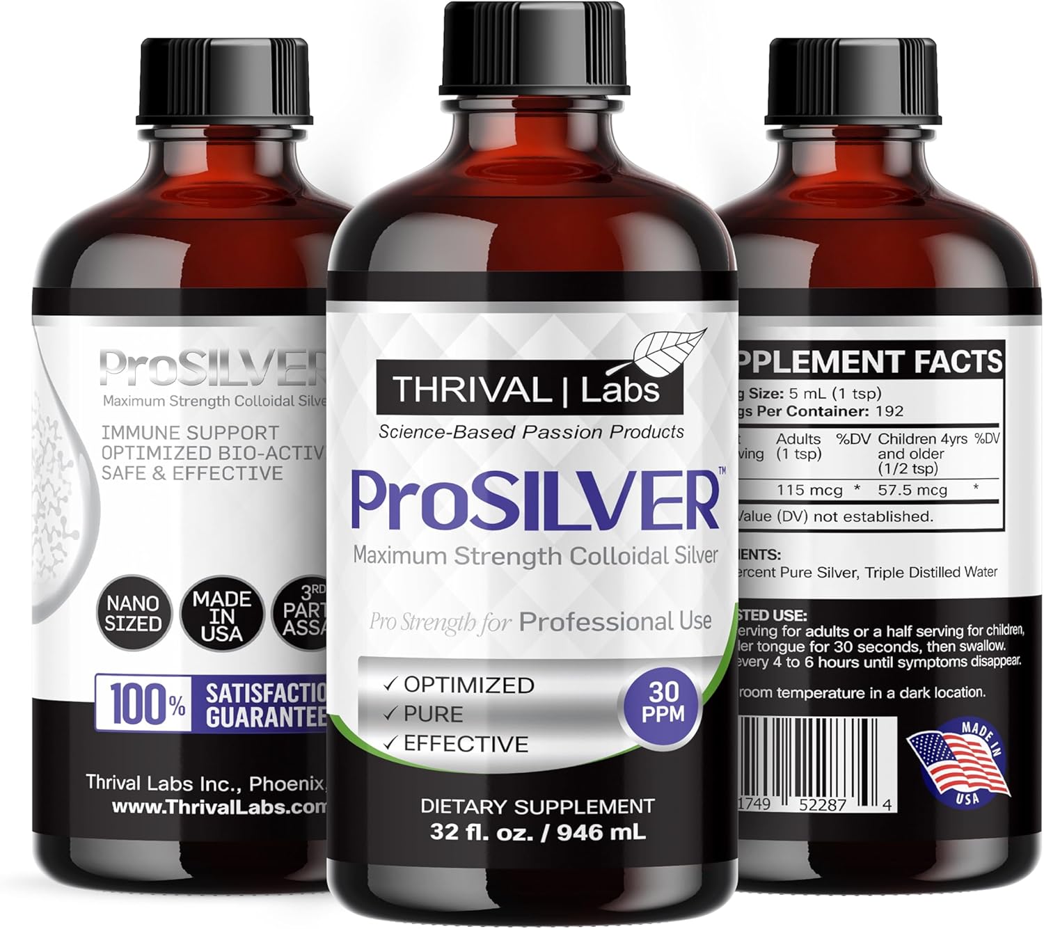 ProSILVER Black Label Pro-Strength Colloidal Silver for Immune Support, 30 PPM Maximum Strength for Professional Use, Dark Glass Bottle - Thrival Labs (32oz)