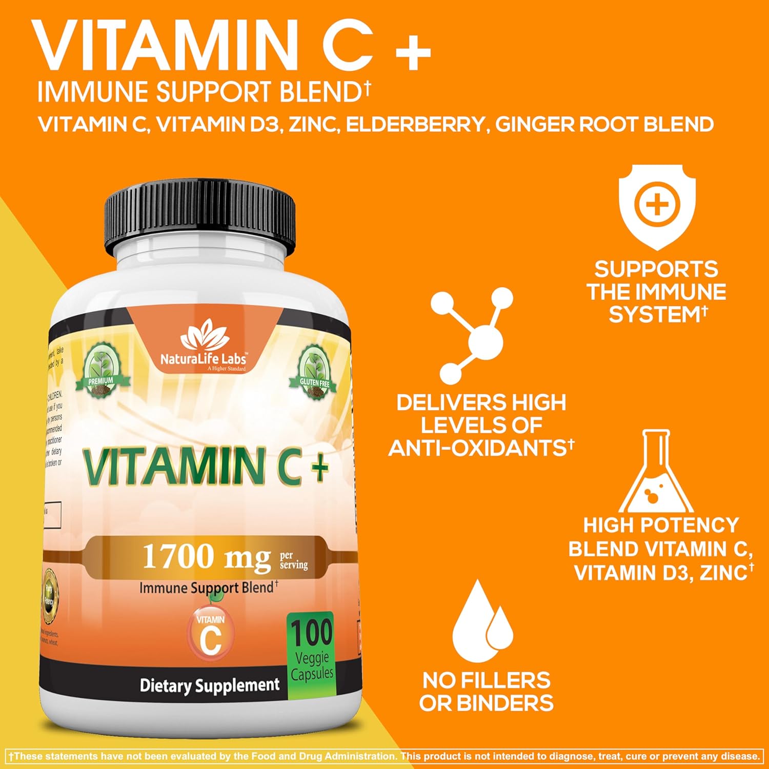 NaturaLife Labs A Higher Standard Vitamin C 1,700 MG with Vitamin D3, Zinc, Elderberry, Ginger Root - Maximum Strength Multi System Immune Support- 100 Veggie Capsules
