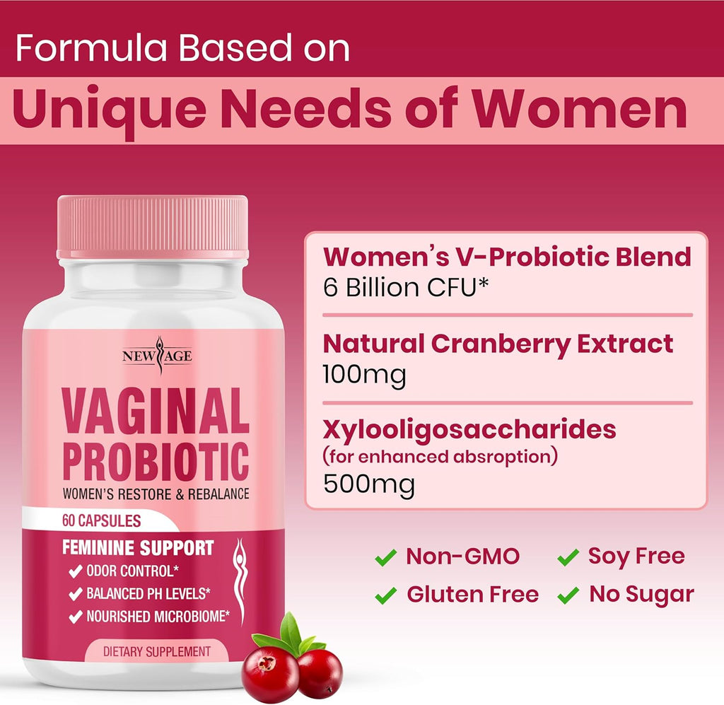 NEW AGE Vaginal Probiotics for Women with Prebiotics, Cranberry Extract, and a Lactobacillus Probiotic Blend, Supports Healthy pH Balance, Odor Control, Vaginal Flora - 180 Capsules
