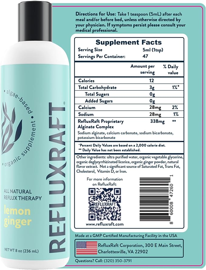 Acid Reflux Therapy with Organic Alginate, Rapid & Long Lasting Gerd, LPR & Digestion Symptom Support, Zero Sugar, Gluten Free, Low Sodium, Lemon Ginger Flavor, 47 Gel Servings, 8 OZ Bottle