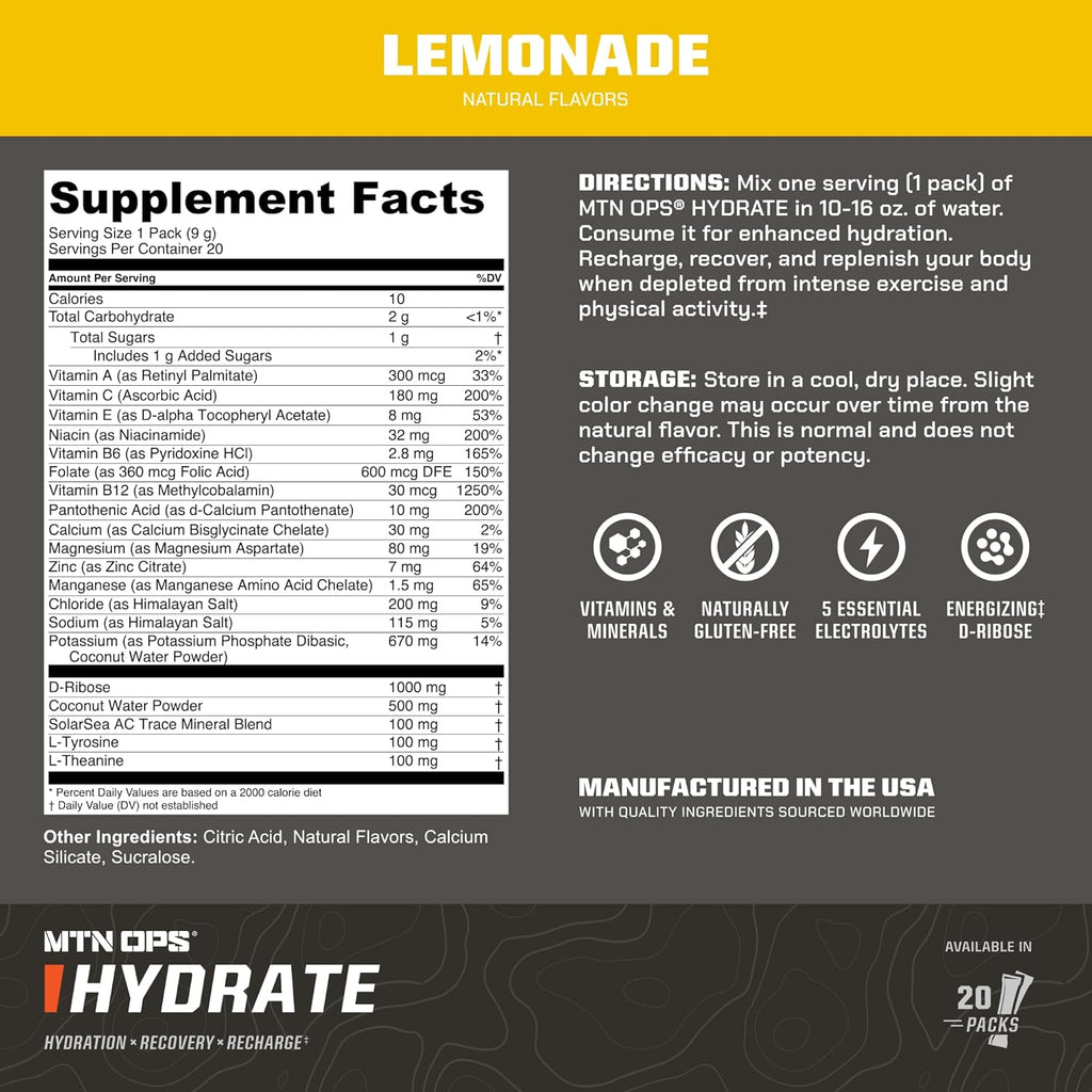 MTN OPS Hydrate Electrolytes Powder Drink Mix, 20 Single Serving On-The-Go Electrolyte Packs with Over 1000mg of Electrolytes per Serving, Lemonade