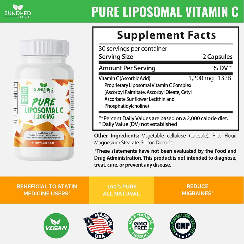 Pure Liposomal Vitamin C - 1200mg Immune System & Collagen Health Booster, Helps Anti Aging Skin Vitamins, Sodium Ascorbate, Sunflower Lecithin, Lypo Spheric - 60 Capsules
