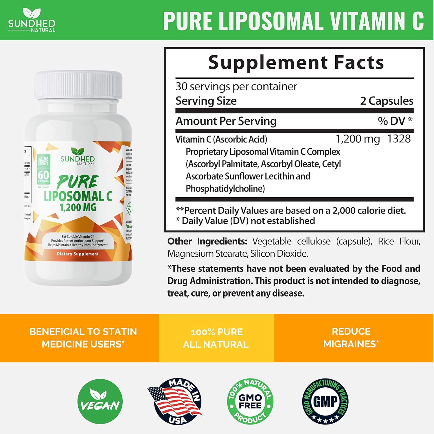 Pure Liposomal Vitamin C - 1200mg Immune System & Collagen Health Booster, Helps Anti Aging Skin Vitamins, Sodium Ascorbate, Sunflower Lecithin, Lypo Spheric - 60 Capsules