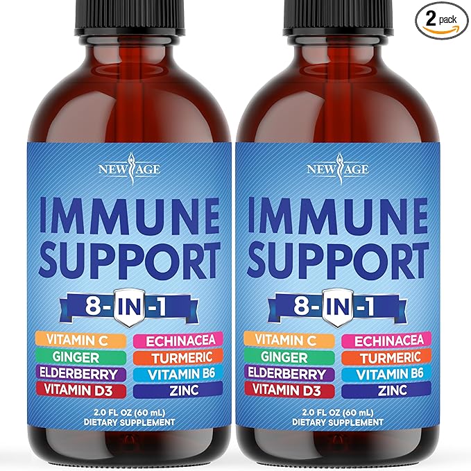 NEW AGE 8-in-1 Immune Support Liquid Drops – Elderberry, Turmeric Curcumin, Echinacea, Ginger, Vitamins C & D3, Zinc & B6 – Fast-Absorbing Immune & Antioxidant Support – Vegan, Non-GMO – 4 oz