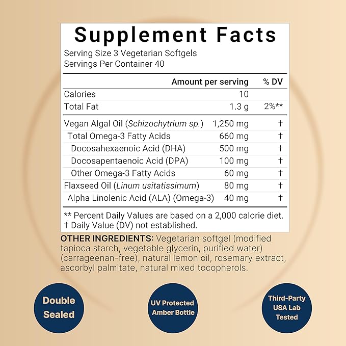 Vegan Omega 3 Algae Oil Supplement, 120 Veggie Softgels | Carrageenan Free, Plant-Based DHA & DPA | Fish Oil Alternative | Full Spectrum of Omega 3 with Flaxseed & ALA | Lemon Flavored