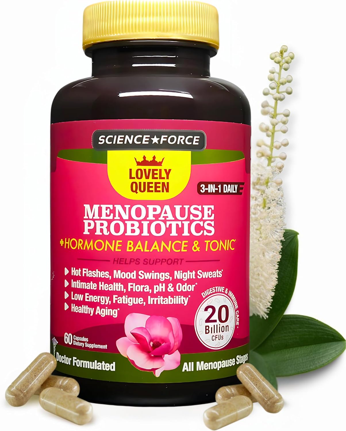 Lovely Menopause Supplement + Hormone Balance + Weight Management, Hot Flashes, Mood Swings, Vaginal Health & Dryness | Black Cohosh, Dong Quai, Ashwagandha + Probiotics, Woman Supplement, 60 ct