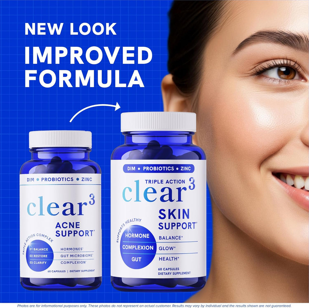 Clear Skin Acne Supplement with Zinc, DIM & Probiotics | 3-in-1 Balance, Clarify, Restore Support with Hyaluronic Acid & Skin Support Vitamins | for Women & Men | Oral Hormonal Acne Pills | 60 Ct