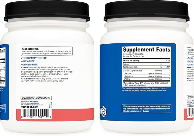 Nutricost BCAA Powder (Watermelon, 90 Serv) - Optimal 2:1:1 Ratio