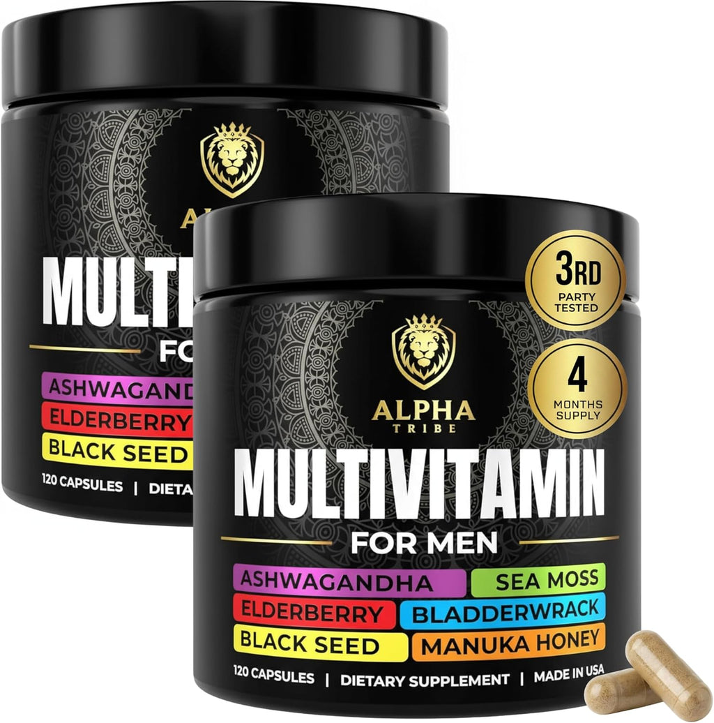 Alpha Tribe Multivitamin for Men w/Sea Moss, Black Seed Oil, Ashwagandha, Turmeric Bladderwrack, Burdock, Vitamin C, Elderberry, Manuka, | Daily Men's Vitamins & Minerals Supplement - 240 Count