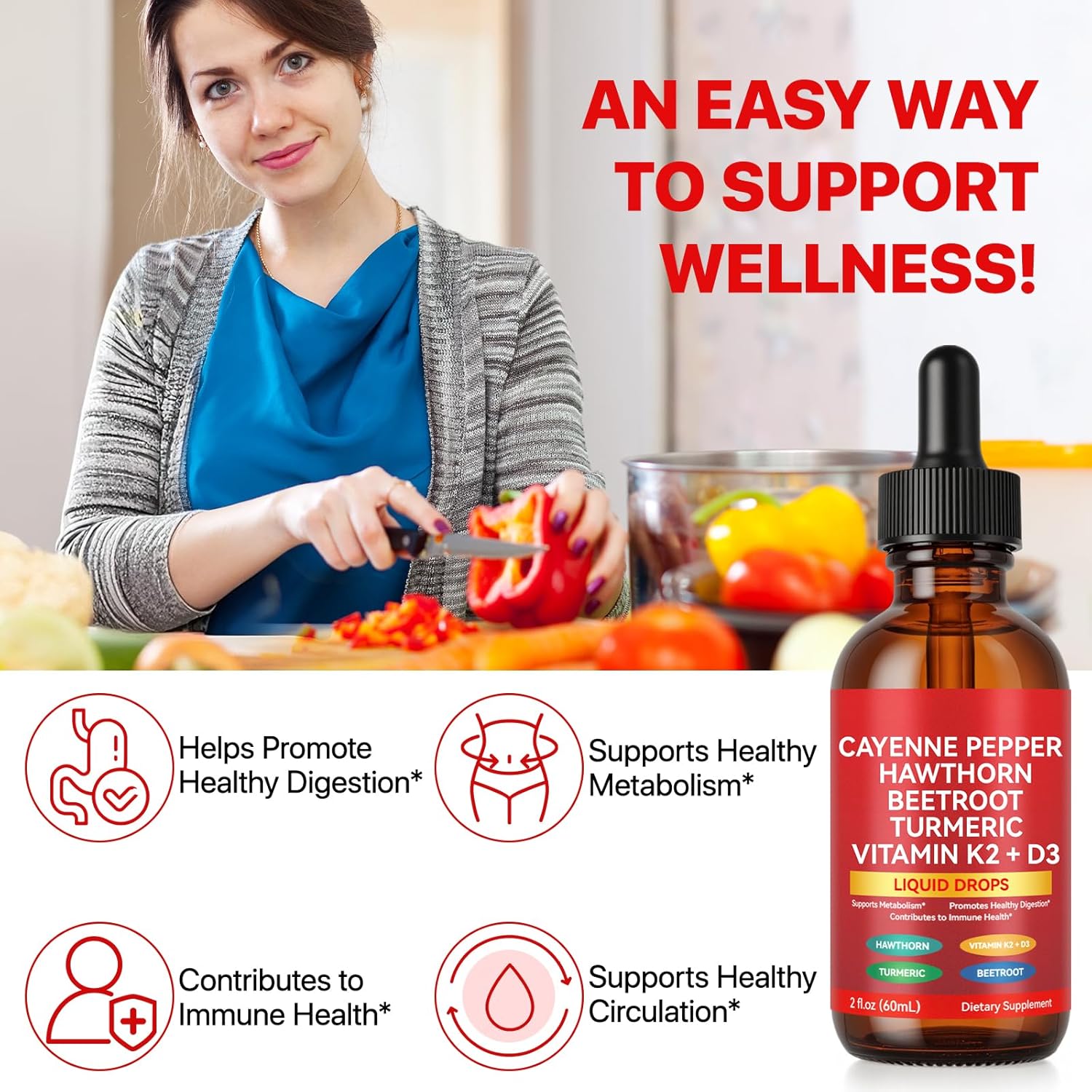 Cayenne Pepper Drops, Cayenne Pepper Supplement Liquid Drops, Cayenne Peppers Extract, Hawthorn Beet Root Turmeric Curcumin, Vitamin K2 & D3, Gentle Formula, Vegan-Friendly, Easily Absorbed
