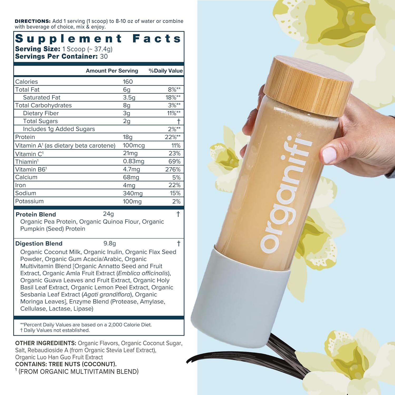 Organifi Complete Protein Vanilla Flavor - Organic Vegan Plant Based Protein Powder with Digestive Enzymes - 30 Day Supply - No Soy, Dairy, or Gluten