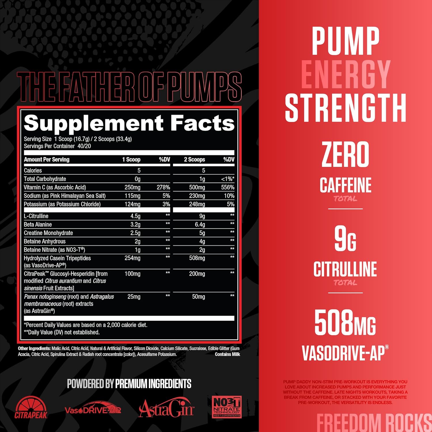 RYSE Pump Daddy V2 Pre Workout Powder - Noel Deyzel Signature - Freedom Rocks - Non-Stim Supplement with Citrulline, Creatine and Beta Alanine for Pumps, Endurance and Strength - 40 Servings