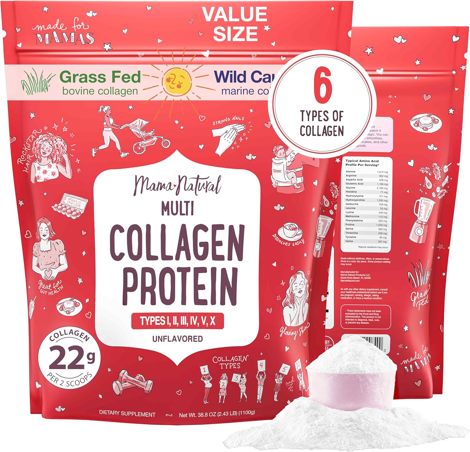 Multi Collagen Protein Powder Value Pack (100 Servings) - Unflavored & Hydrolyzed with 6 Types (1, 2, 3, 4, 5 & 10) - Pure Collagen Peptides for Women - Grass Fed Beef, Wild Fish & USA Eggshell