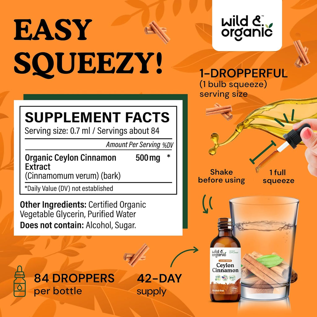 Wild & Organic Ceylon Cinnamon Extract Liquid Drops 500mg - Liquid Cinnamon Supplements for Overall Support - Cinnamomum Verum Bark Tincture - Vegan, Sugar & Alcohol-Free, Non-GMO - 2 fl oz