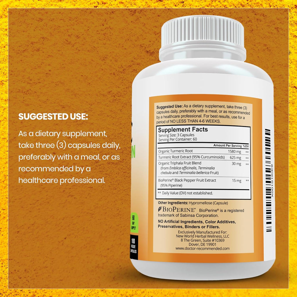 Turmeric Curcumin Supplement - 2250mg/d - Veggie Caps - 95% Curcuminoids with Black Pepper Extract (Bioperine) - 750mg Capsules - 100% Organic - Most Powerful Turmeric (Pack of 3)