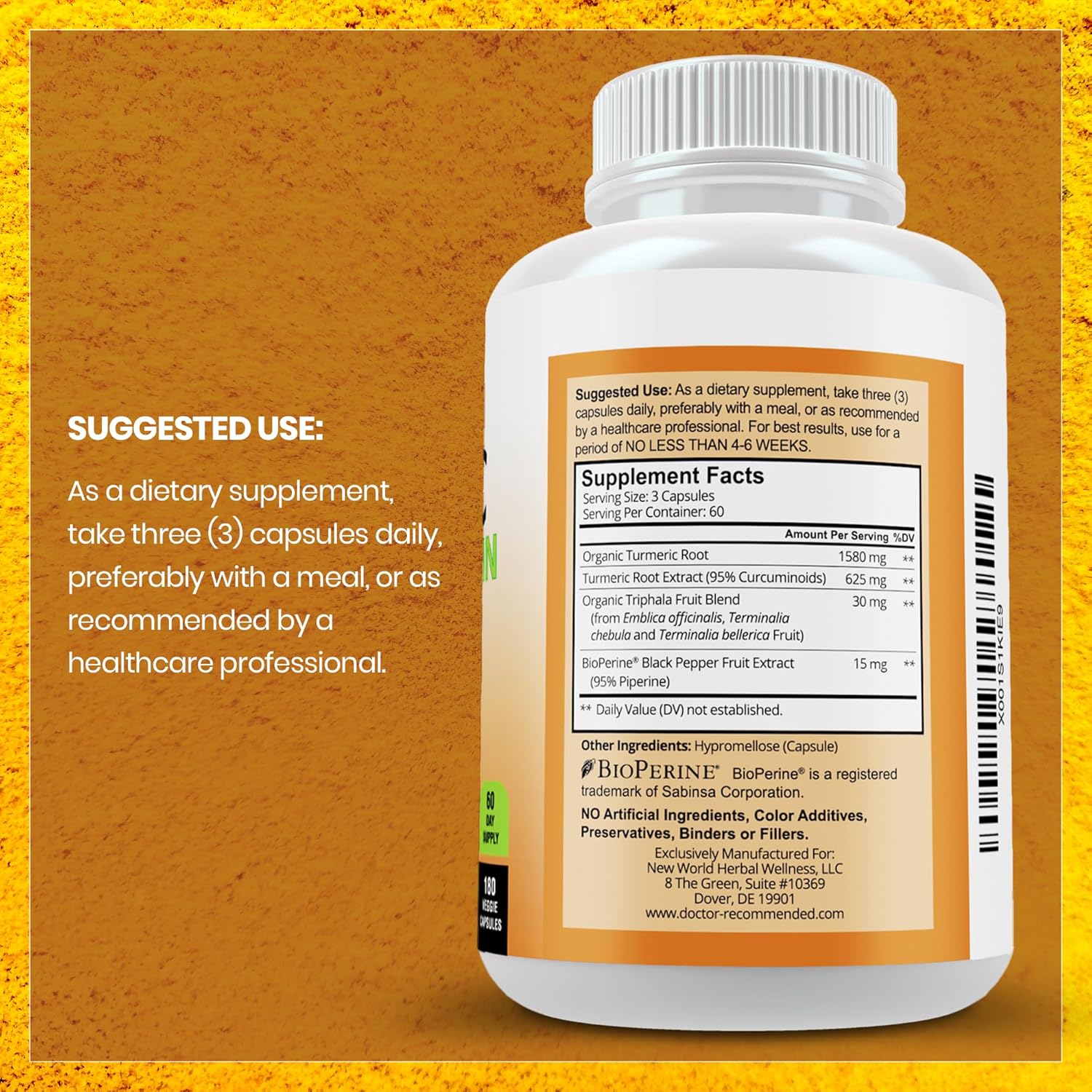 Turmeric Curcumin Supplement - 2250mg/d - Veggie Caps - 95% Curcuminoids with Black Pepper Extract (Bioperine) - 750mg Capsules - 100% Organic - Most Powerful Turmeric (Pack of 3)