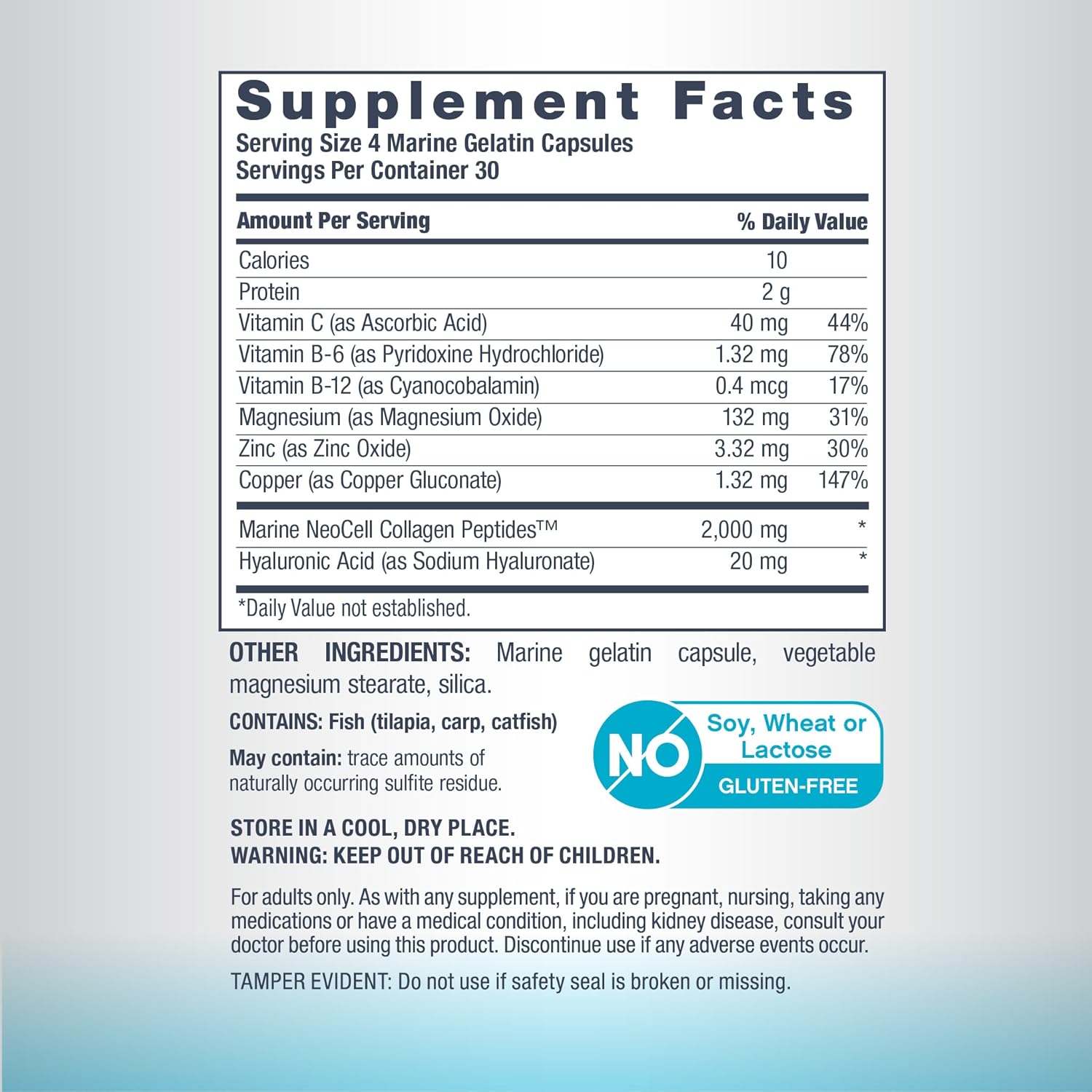 NeoCell Marine Collagen With Collagen Type 1 and 3 and Hyaluronic Acid, With Hydrolyzed Collagen, Skin Health Supplement, Capsule, 120 Count, 1 Bottle
