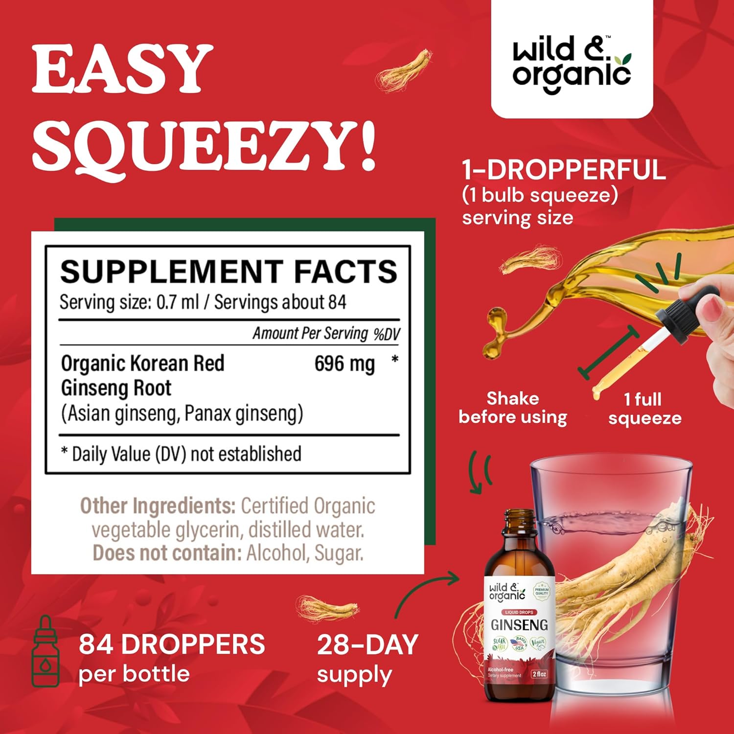 Wild & Organic Korean Red Ginseng Extract Drops - Panax Ginseng Supplement for Immune Support - Liquid Root Tincture for Overall Well-Being - Vegan, Sugar & Alcohol-Free - 2 fl oz