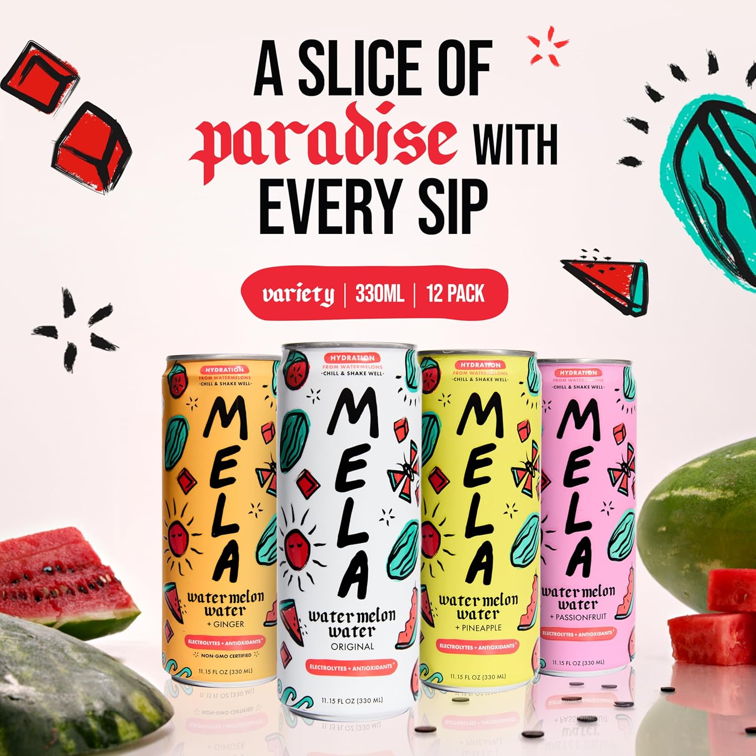 Mela Watermelon Water - Watermelon Juice, 100 Percent Natural Fruit Juice with Vitamin C, Electrolytes, Antioxidants - Coconut Water Alternative, Gluten-Free (Variety, 11.15 fl oz, 12-pack)