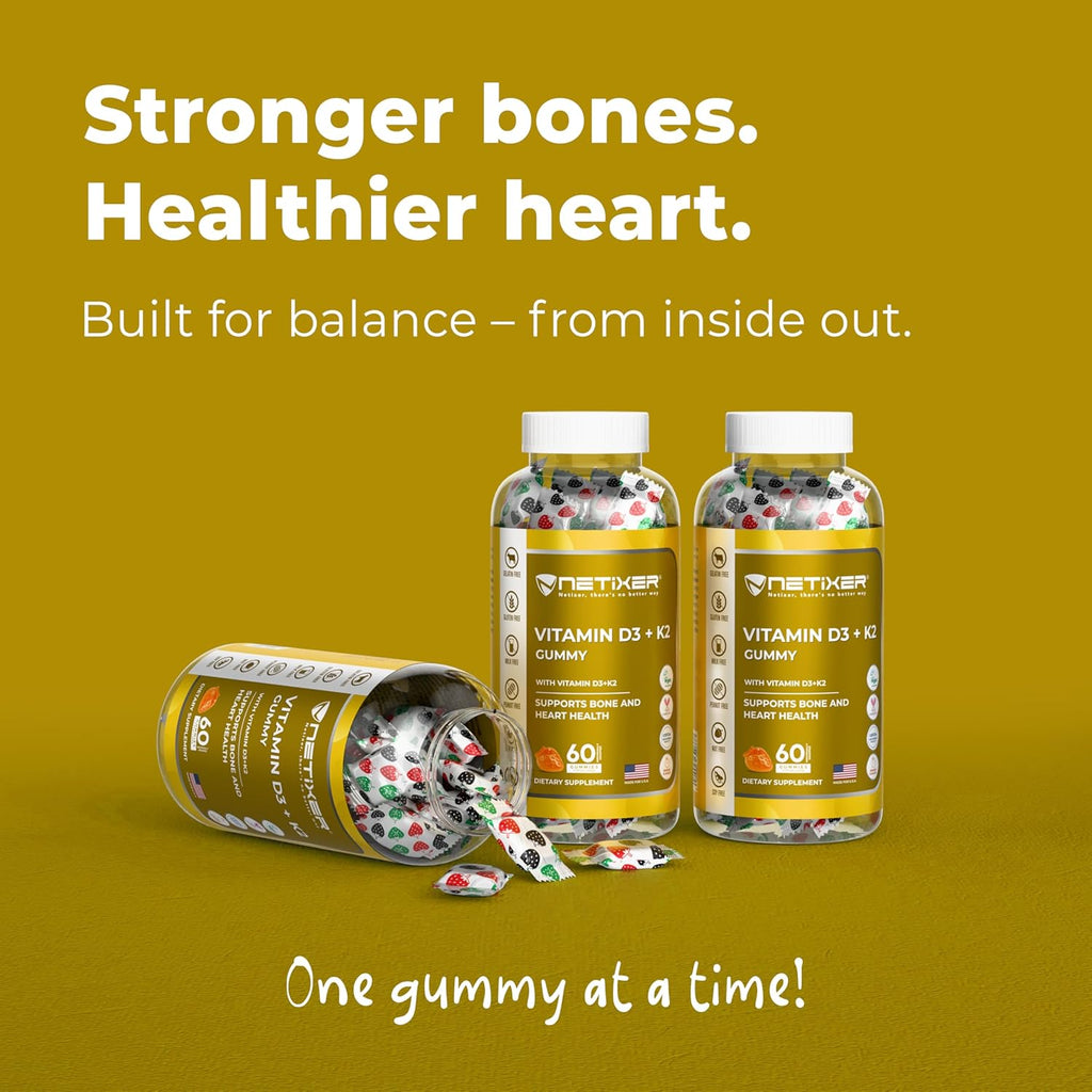Vitamin D3 + K2 Gummies – Bone & Heart Support – with 10 mcg D3 (Cholecalciferol) & 55 mcg MK-7 K2 – Vegan, Gluten-Free, Gelatin-Free – Orange Flavor – Non-GMO – 60 Gummies – Allergen-Free