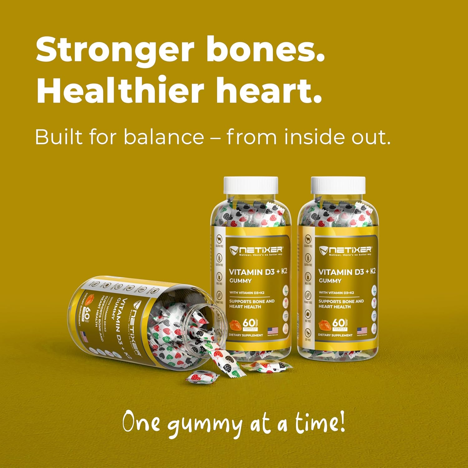 Vitamin D3 + K2 Gummies – Bone & Heart Support – with 10 mcg D3 (Cholecalciferol) & 55 mcg MK-7 K2 – Vegan, Gluten-Free, Gelatin-Free – Orange Flavor – Non-GMO – 60 Gummies – Allergen-Free