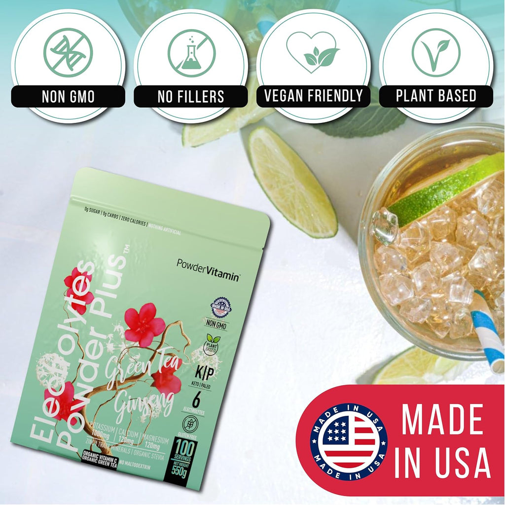 PowderVitamin Electrolytes Powder Plus (100 Servings) Green Tea Ginseng Electrolyte Powder Keto, Sugar Free, Pink Himalayan Salt,1000mg Potassium,150mg Calcium,150mg Magnesium, Hydration Powder