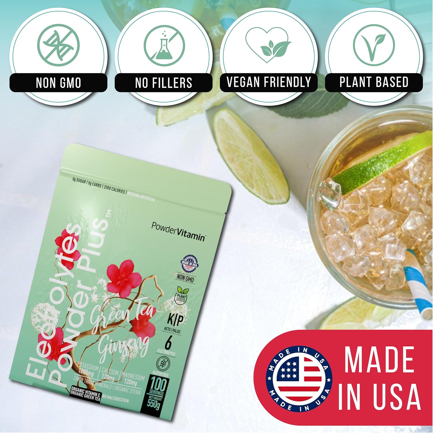 PowderVitamin Electrolytes Powder Plus (100 Servings) Green Tea Ginseng Electrolyte Powder Keto, Sugar Free, Pink Himalayan Salt,1000mg Potassium,150mg Calcium,150mg Magnesium, Hydration Powder