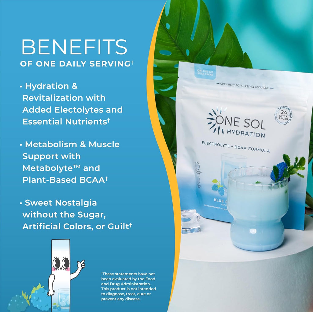 One Sol BCAA & Electrolyte Powder for Hydration & Energy, All-Natural Formula, 100% Vegan, Non-GMO, Gluten Free & Soy-Free, Promotes Muscle Growth & Recovery, Natural Blue Raspberry Flavor