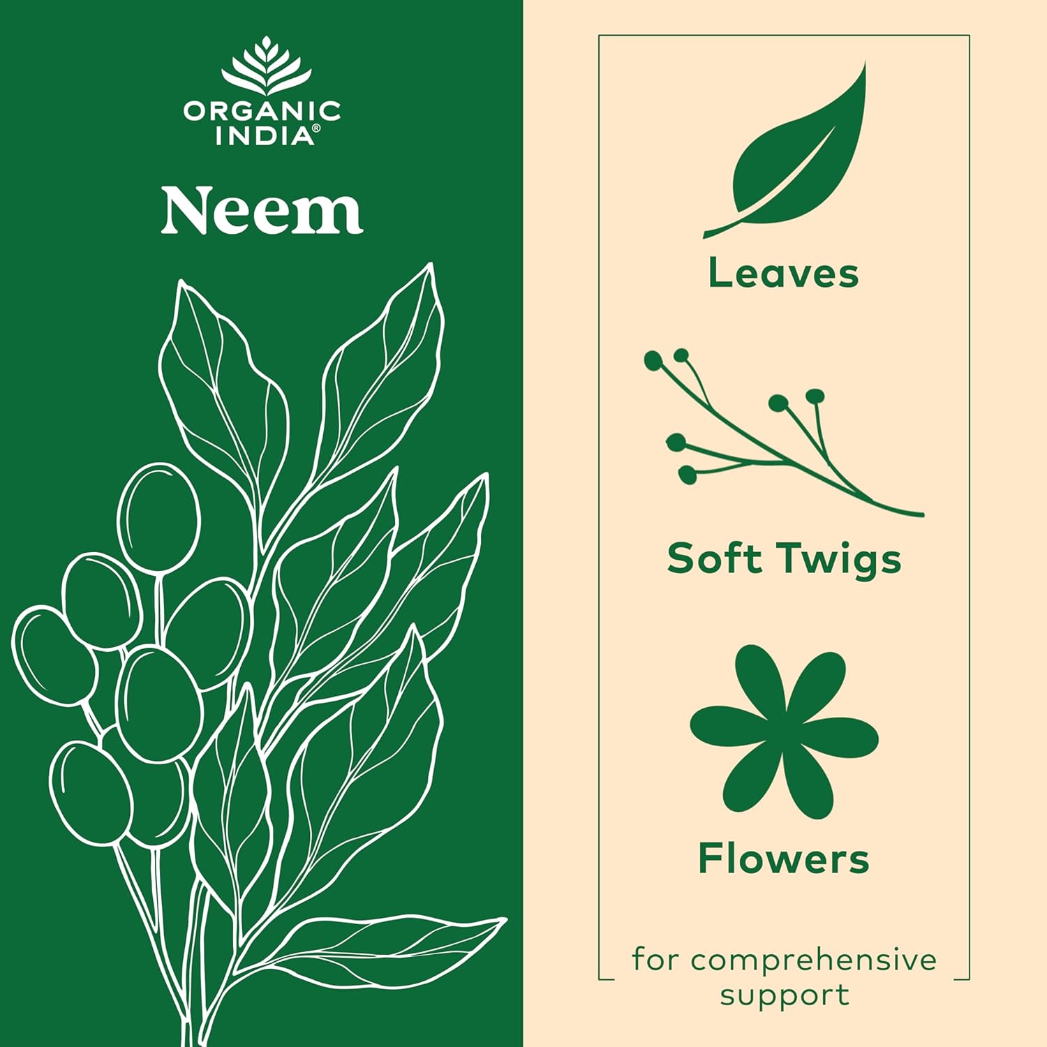 ORGANIC INDIA Neem Leaf Capsules, Herbal Supplement - Supports Skin, Immune, & Liver Health, Detox, Vegan, Gluten-Free, USDA Certified Organic - 180 Capsules