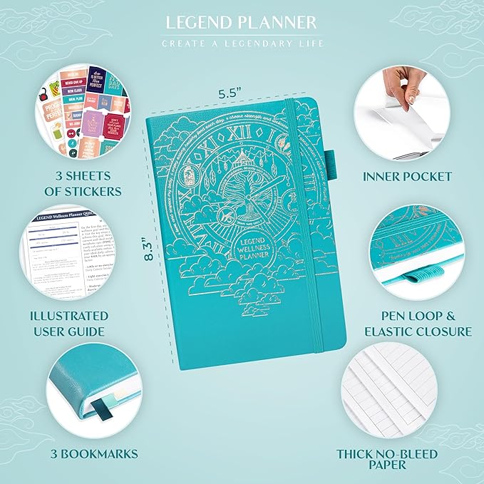 Legend Wellness Planner & Food Journal – Daily Diet & Health Journal with Weight Loss, Measurement & Exercise Trackers – Lifestyle & Nutrition Diary – Lasts 6 Months, A5 size – Turquoise