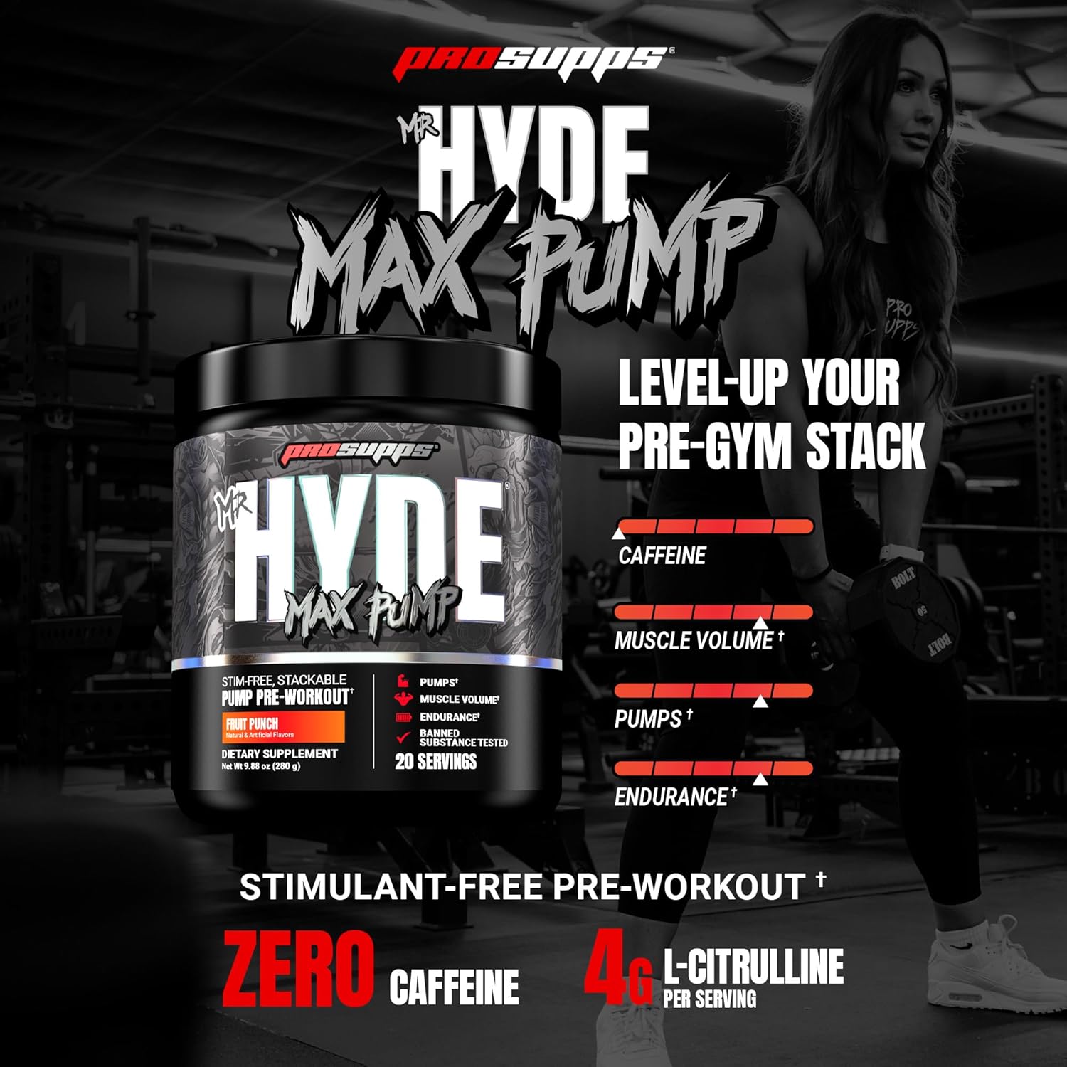 PROSUPPS Mr. Hyde Max Pump Pre Workout Powder - Stim-Free Preworkout Supports Blood Flow, Muscle Volume & Endurance - Caffeine-Free Nitric Oxide Gym & Fitness Supplements (Fruit Punch, 20 Servings)