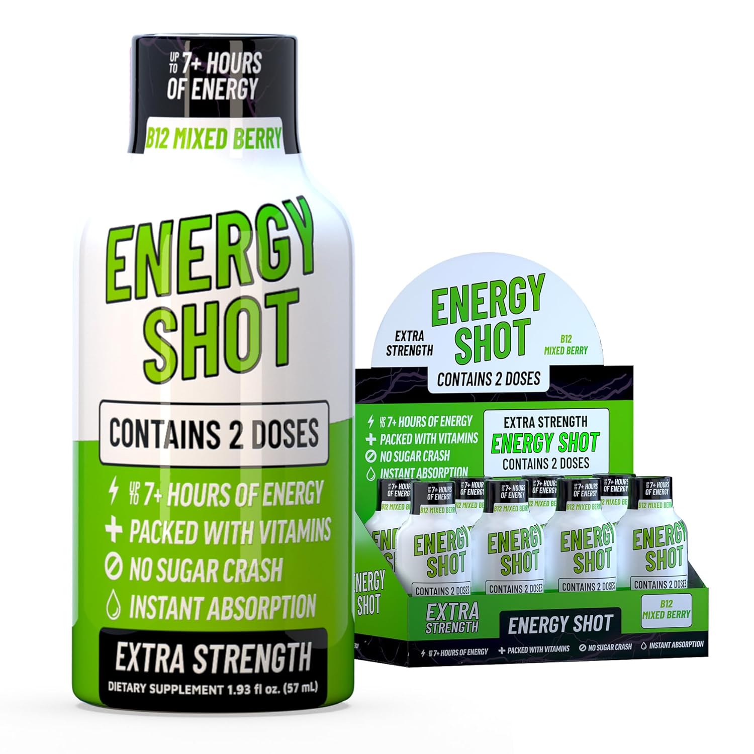 B12 Mixed Berry Extra Strength Energy Shot 8 pk – 260mg Natural Caffeine B12 B6 – Energy & Vitality Support – 2 Servings Sugar Free Zero Calorie Green Tea B-Vitamins Electrolytes Vegan – 1.93 fl oz