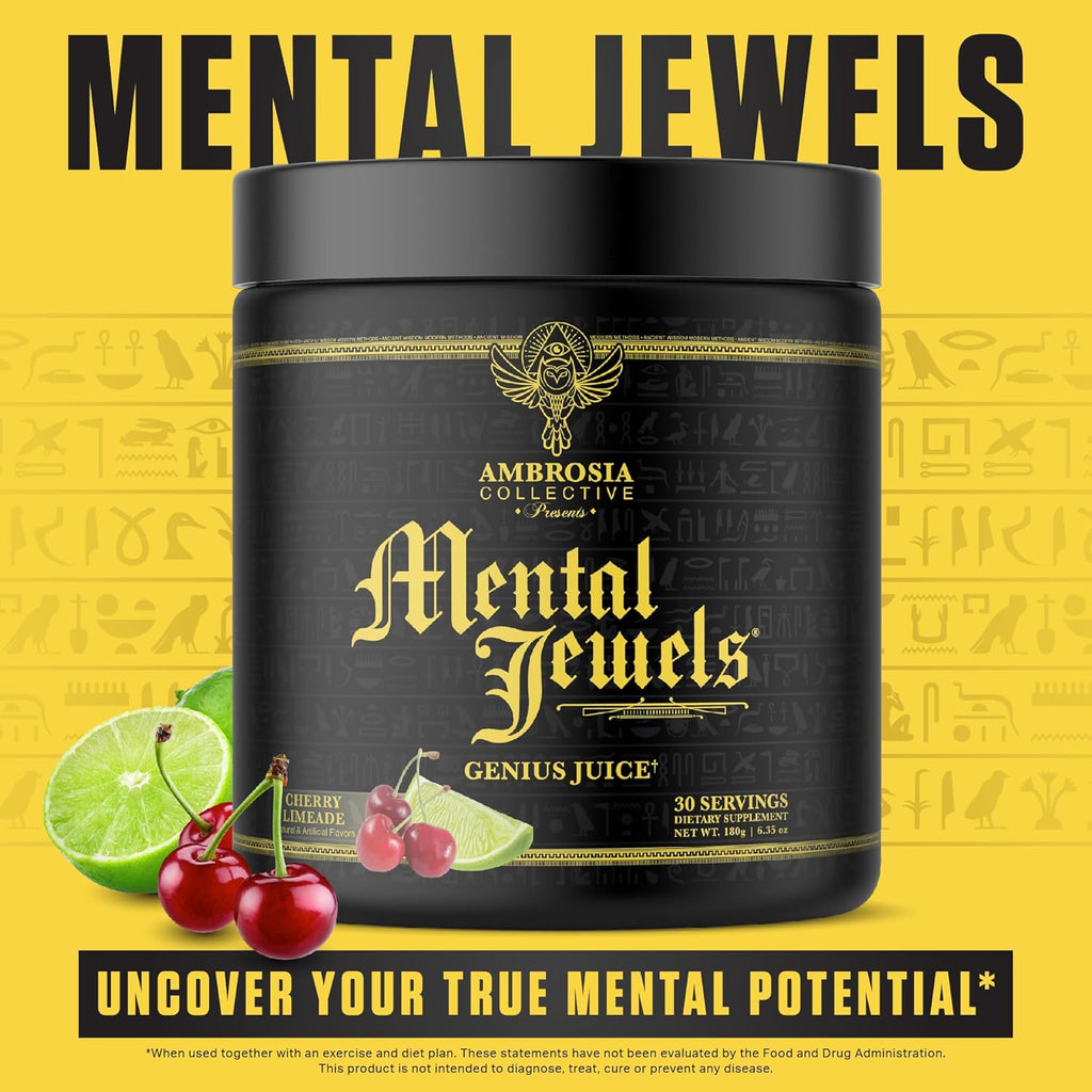 Ambrosia Mental Jewels Powder - Cognitive Enhancer | Increase Memory, Communication Skills, Concentration & Focus | Decrease Reaction Time | Alpha GPC, Choline, BaCognize | 30 Servings| Cherry Limeade