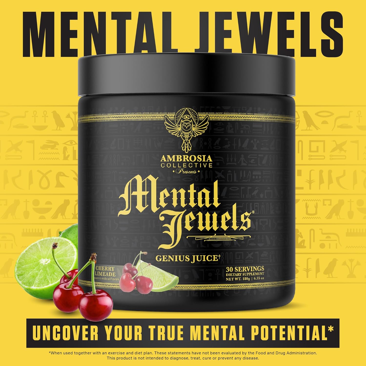 Ambrosia Mental Jewels Powder - Cognitive Enhancer | Increase Memory, Communication Skills, Concentration & Focus | Decrease Reaction Time | Alpha GPC, Choline, BaCognize | 30 Servings| Cherry Limeade